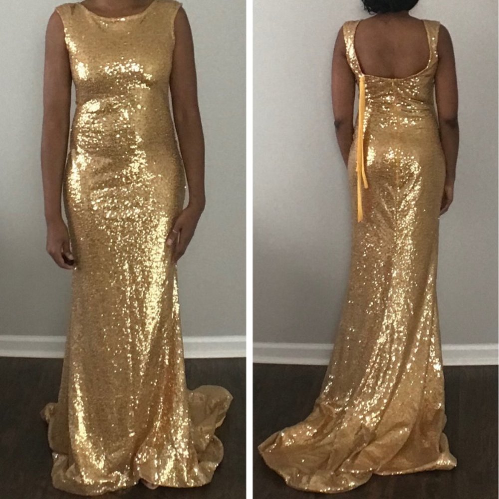 Yellow Gold Sequin Party Prom Evening Bridesmaid Elegant Train Dress
